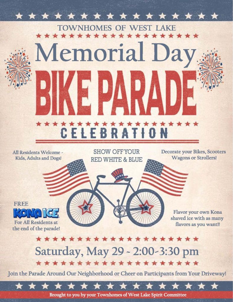 Memorial Day Community Bike Parade May 29! Townhomes of West Lake