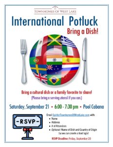 West Lake's International Potluck Dinner - September 21 at 6 pm